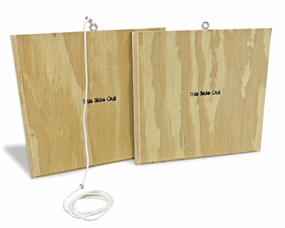 The Armadillo Trap Replacement Door Kit by Armadillo Trap includes two rectangular doors with "This Side Out" printed, each featuring a top metal eye hook—one with a coiled white rope. Versatile for traps or as dual doors; shipping included.