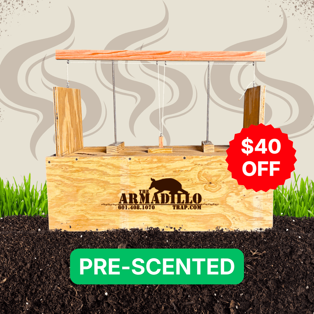 The #1 Best Selling Scented Wooden Armadillo Trap by Armadillo Trap sits on soil with green grass behind it. Scent lines highlight this humane trap, and a bold red "$40 OFF" badge appears on the right.