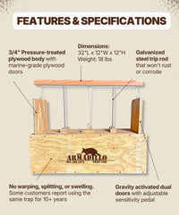 The #1 Best Selling Scented Wooden Armadillo Trap by Armadillo Trap features a 3/4" pressure-treated plywood body, metal trip rods, adjustable gravity-activated doors, dimensions of 32"x12"x12", and boasts superior durability.